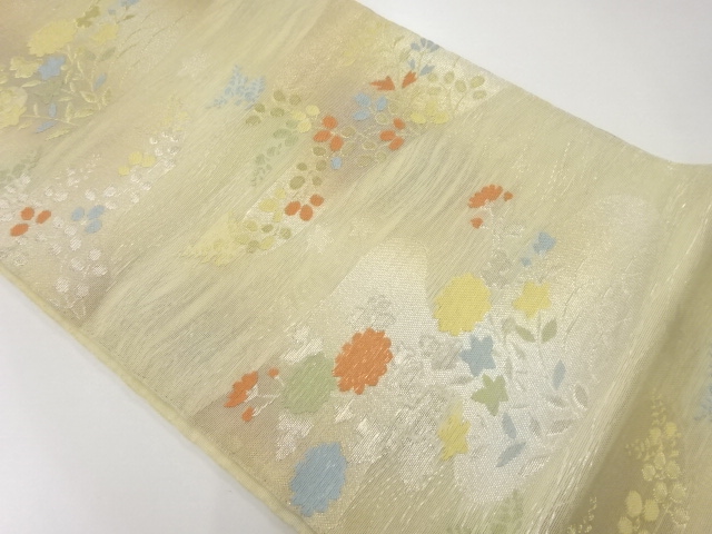 JAPANESE KIMONO / ANTIQUE FUKURO OBI FOR SUMMER / SILK / WOVEN EGASUMI & AUTUMN LEAVES